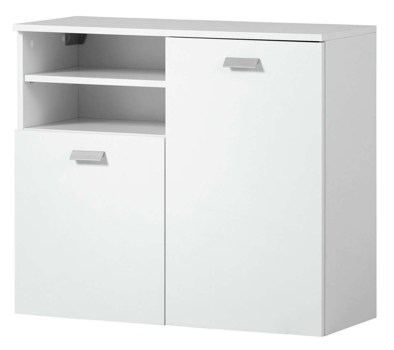 Weißer Unterschrank mit zwei Türen und einem offenen Fach, Frontalansicht