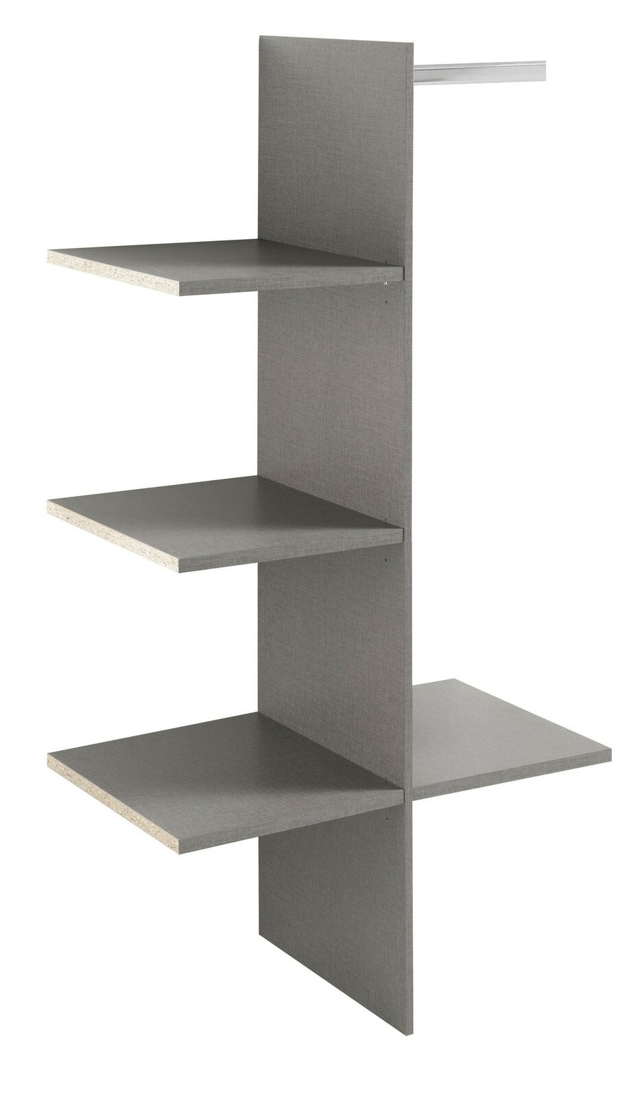 Schrankinneneinteilung mit vier grauen Regalböden, seitliche Perspektive