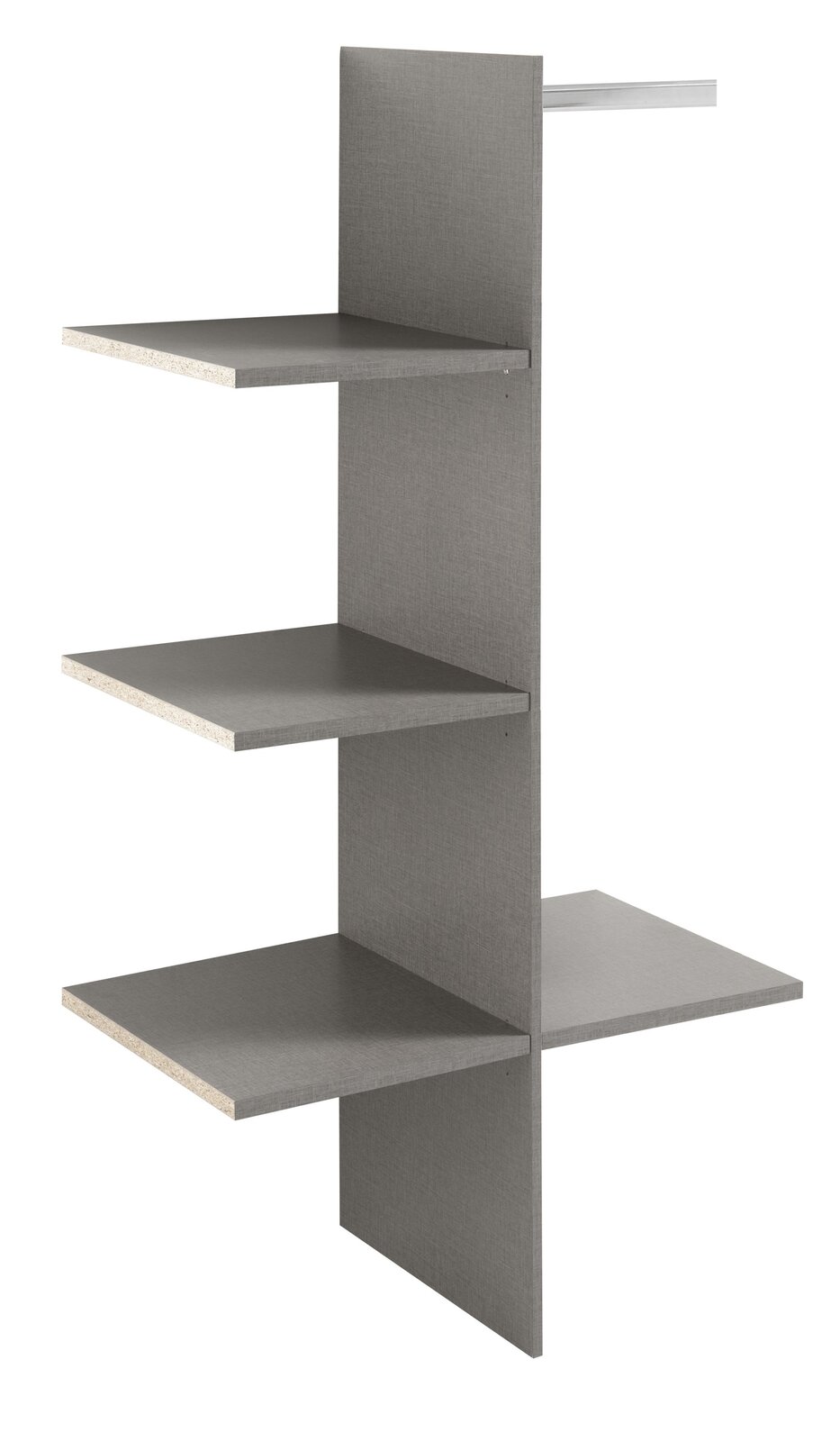 Schrankinneneinteilung mit vier grauen Regalböden, seitliche Perspektive