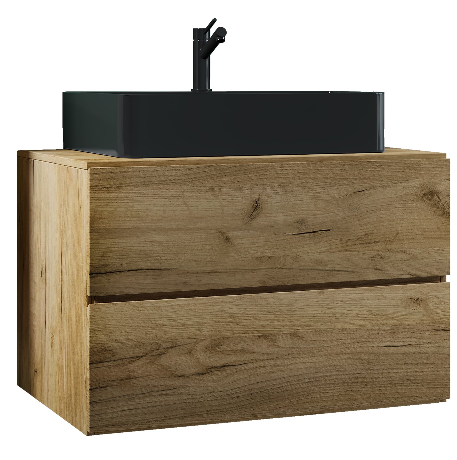 Holz-Badezimmer-Waschtischunterschrank mit zwei Schubladen, darauf rechteckiges schwarzes Aufsatzwaschbecken und schwarze Armatur, Ansicht schräg von vorne