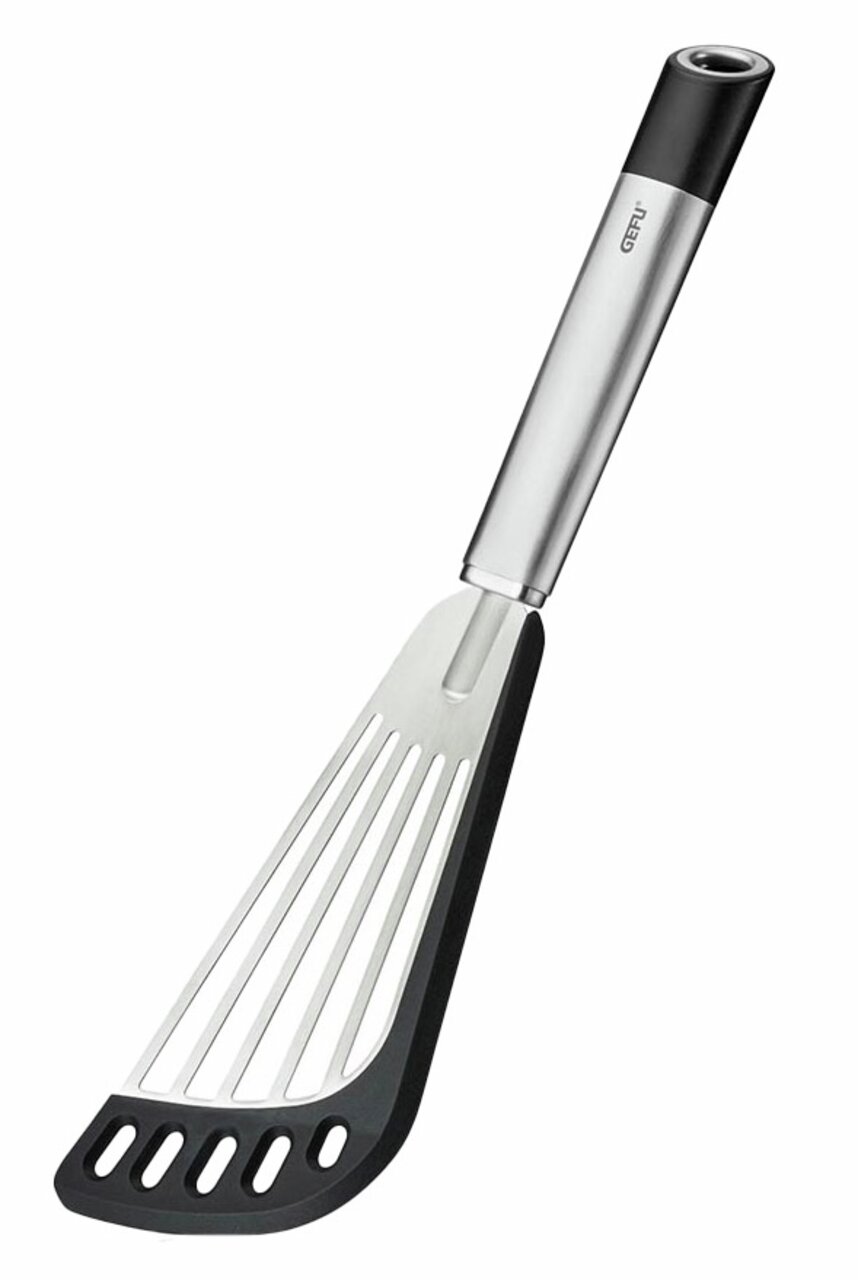 Pfannenwender aus Silikon mit Edelstahlgriff, seitliche Perspektive