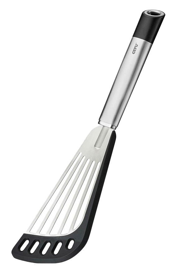 Pfannenwender aus Silikon mit Edelstahlgriff, seitliche Perspektive
