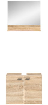 Frontale Ansicht eines Waschbeckenunterschranks aus hellem Holz mit zwei Türen und einem darüber hängenden Spiegel.