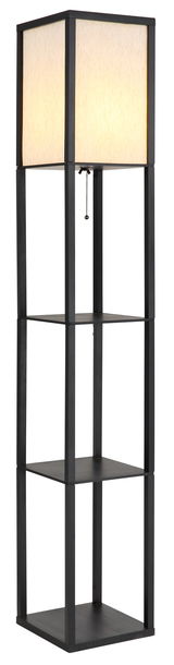 Moderne Stehleuchte mit quadratischem Lampenschirm und integriertem Regal, seitliche Perspektive