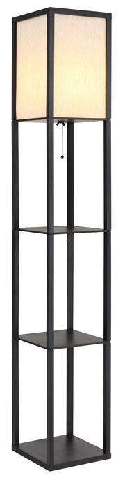 Moderne Stehleuchte mit quadratischem Lampenschirm und integriertem Regal, seitliche Perspektive