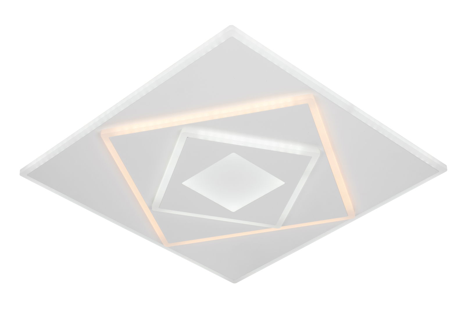 Moderne LED-Deckenleuchte in quadratischer Form, von unten betrachtet, mit mehreren leuchtenden Rahmen in warmen und kühlen Tönen.