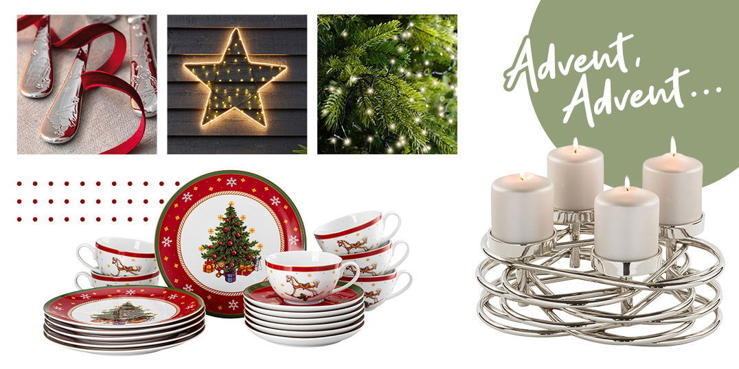 Adventsdekoration und Weihnachtsgeschirr im festlichen Design – entdecken Sie stimmungsvolle Tischdeko, Lichterketten und Accessoires für die Adventszeit.