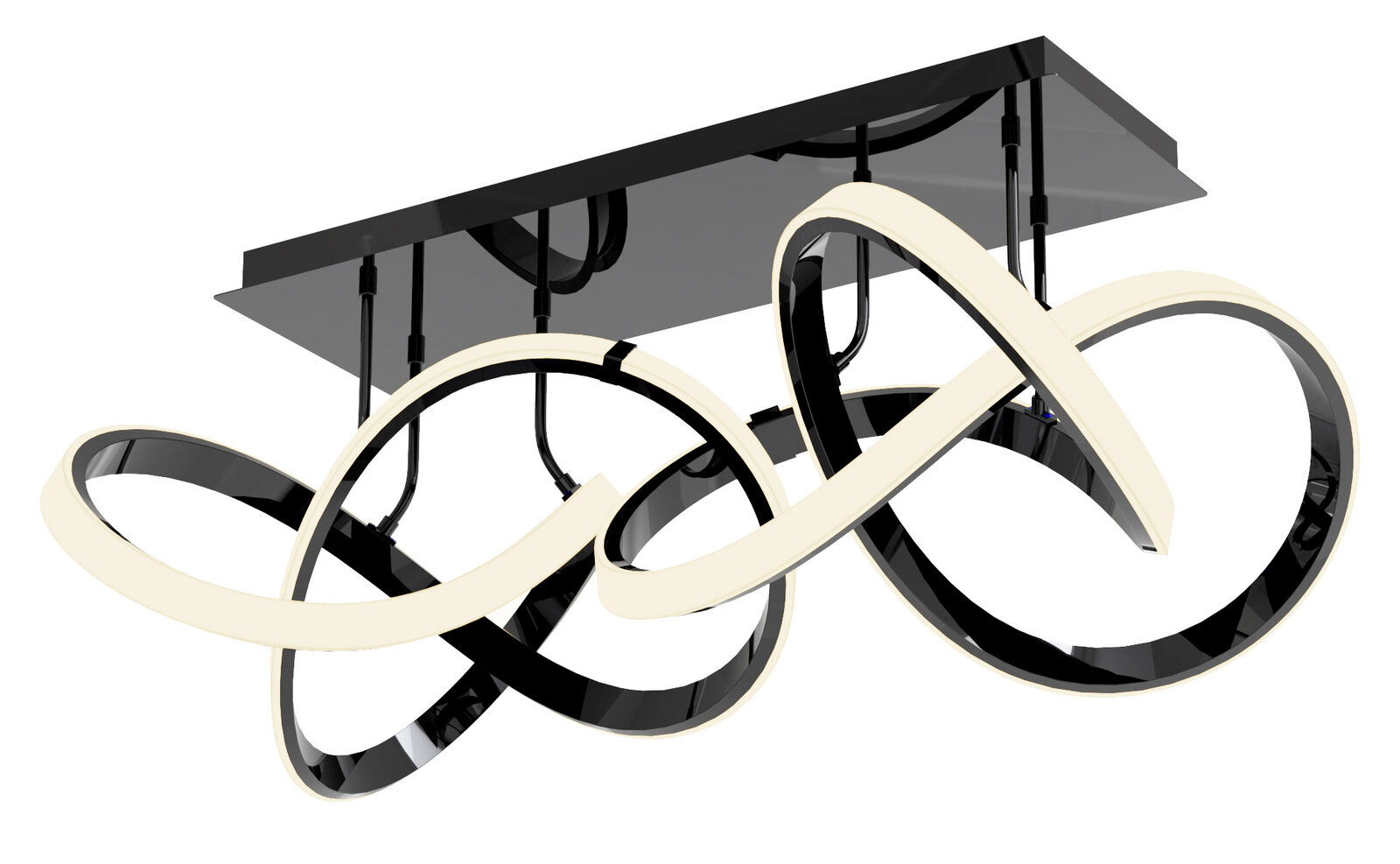 Moderne Deckenleuchte Indigo mit geschwungenem, schwarzem und weißem Design, seitliche Perspektive