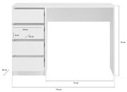 Weißer Schminktisch mit drei Schubladen auf der linken Seite, frontal betrachtet. Maße: 110 cm Breite, 75 cm Höhe, 48 cm Tiefe.