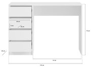 Weißer Schminktisch mit drei Schubladen auf der linken Seite, frontal betrachtet. Maße: 110 cm Breite, 75 cm Höhe, 48 cm Tiefe.