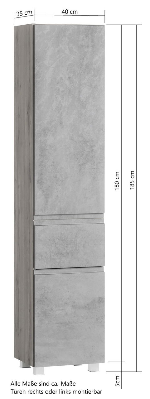 Hochschrank in grauer Betonoptik, frontal abgebildet mit Maßen 40 cm Breite, 35 cm Tiefe und 185 cm Höhe. Türen sind rechts oder links montierbar.