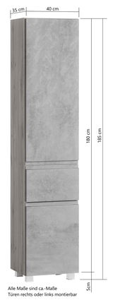 Hochschrank in grauer Betonoptik, frontal abgebildet mit Maßen 40 cm Breite, 35 cm Tiefe und 185 cm Höhe. Türen sind rechts oder links montierbar.