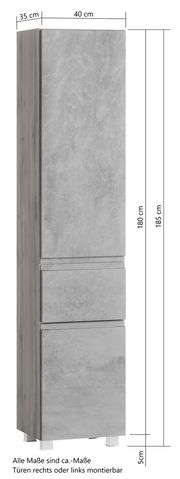 Hochschrank in grauer Betonoptik, frontal abgebildet mit Maßen 40 cm Breite, 35 cm Tiefe und 185 cm Höhe. Türen sind rechts oder links montierbar.