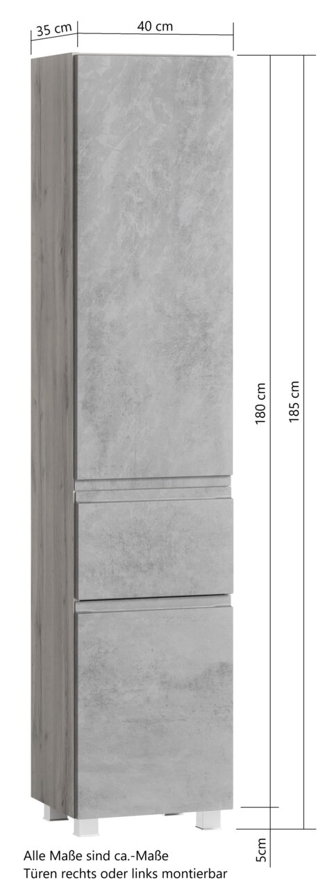 Hoge kast in grijze betonlook, hier afgebeeld in vooraanzicht, met afmetingen van 40 cm breed, 35 cm diep en 185 cm hoog. De deuren kunnen rechts of links worden gemonteerd.