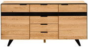 Modern houten dressoir met zwarte accenten, gezien vanaf de voorkant