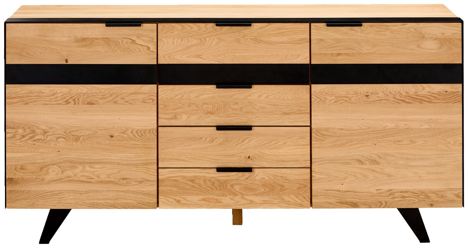 Modern houten dressoir met zwarte accenten, gezien vanaf de voorkant