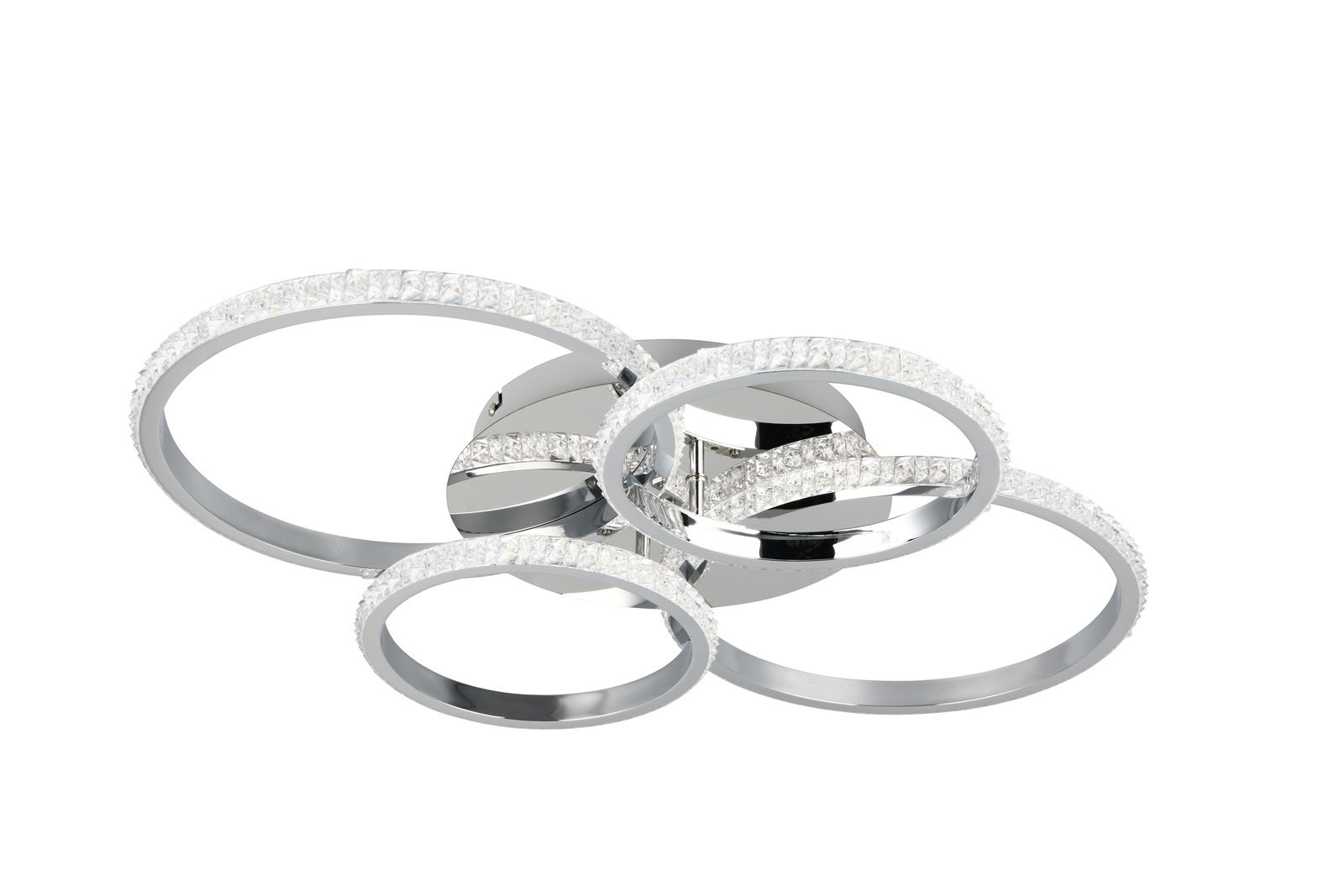 Moderne Deckenleuchte CIRES mit vier ineinander verschlungenen, verchromten Ringen und funkelnden Kristallverzierungen, Ansicht von schräg unten.