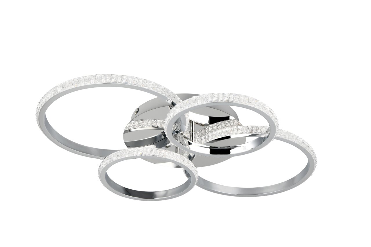 Moderne Deckenleuchte CIRES mit vier ineinander verschlungenen, verchromten Ringen und funkelnden Kristallverzierungen, Ansicht von schräg unten.