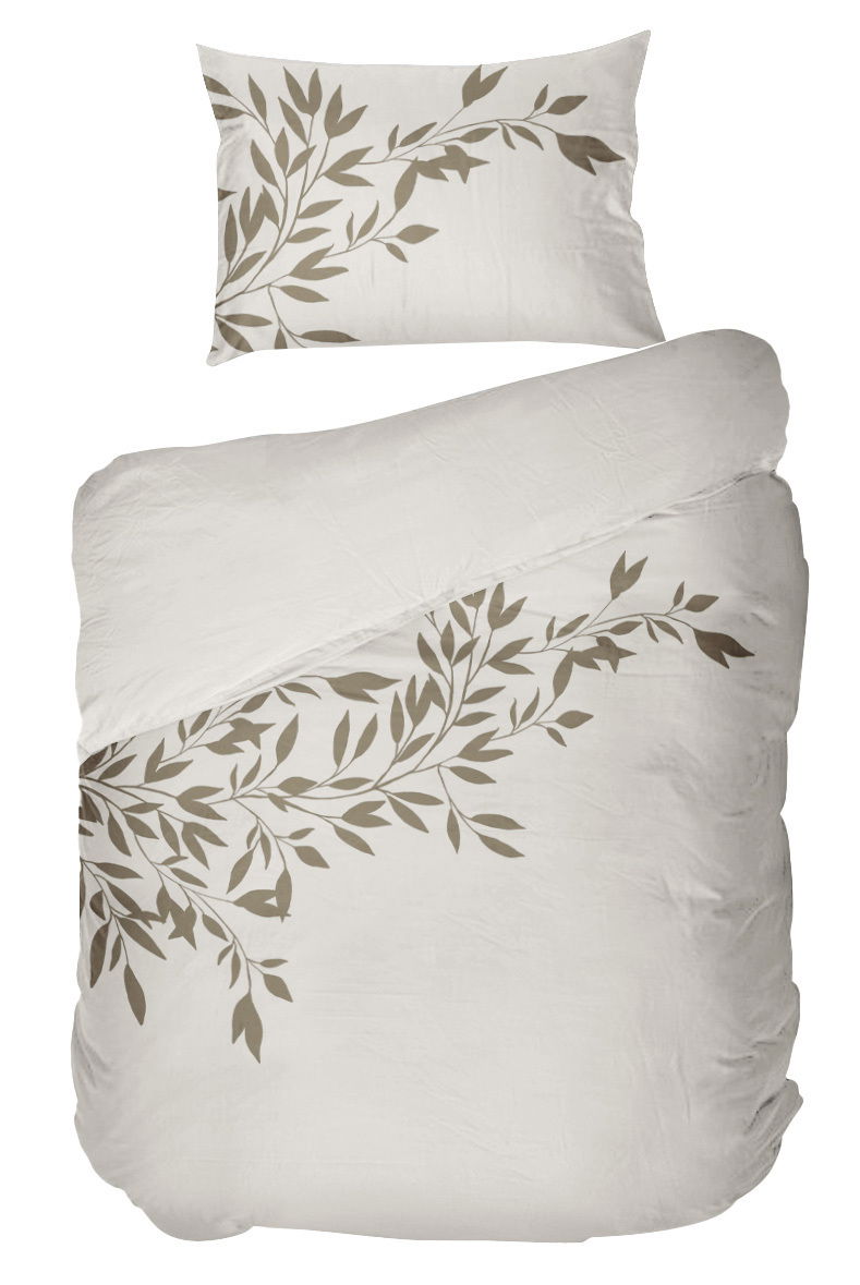 Bettwäsche-Set mit Blattmuster in Beige, bestehend aus einem Kissenbezug und einem Bettdeckenbezug, aus der Vogelperspektive.