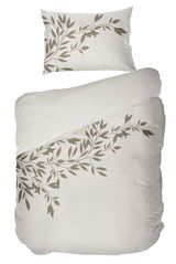 Bettwäsche-Set mit Blattmuster in Beige, bestehend aus einem Kissenbezug und einem Bettdeckenbezug, aus der Vogelperspektive.