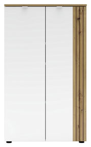 Moderner Büroschrank mit weißen Türen und Holzdetails, Frontalansicht