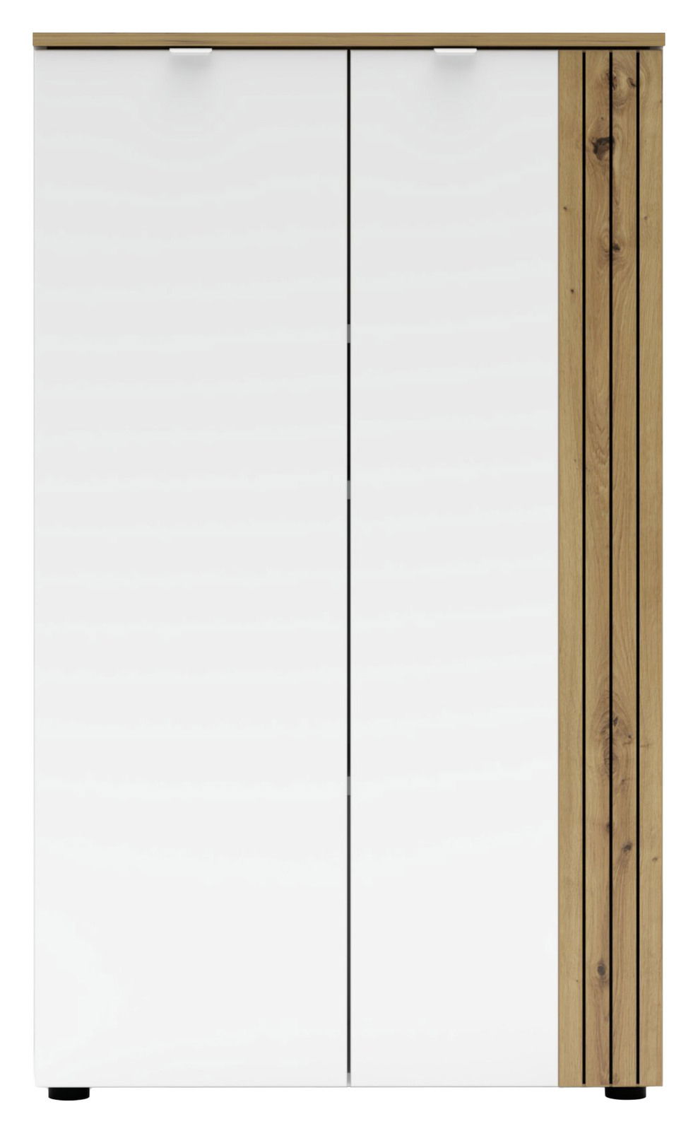 Moderner Büroschrank mit weißen Türen und Holzdetails, Frontalansicht