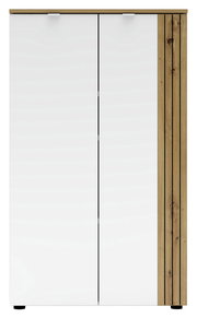 Moderner Büroschrank mit weißen Türen und Holzdetails, Frontalansicht