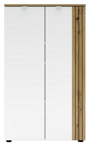 Moderner Büroschrank mit weißen Türen und Holzdetails, Frontalansicht
