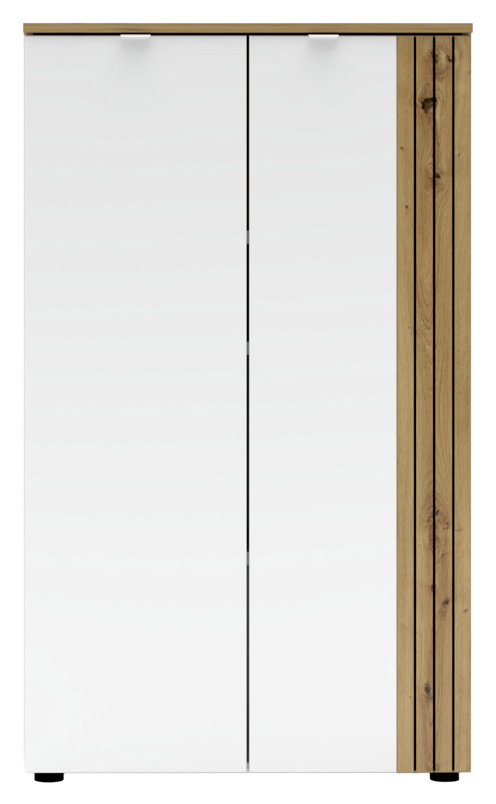 Moderner Büroschrank mit weißen Türen und Holzdetails, Frontalansicht