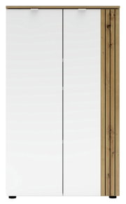 Moderner Büroschrank mit weißen Türen und Holzdetails, Frontalansicht