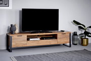 TV-Lowboard aus Holz mit Metallrahmen, dekoriert mit Vasen und Pflanzen, seitliche Perspektive
