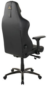 Rückansicht eines schwarzen Gaming-Stuhls mit verstellbaren Armlehnen und stabiler Basis auf Rollen.