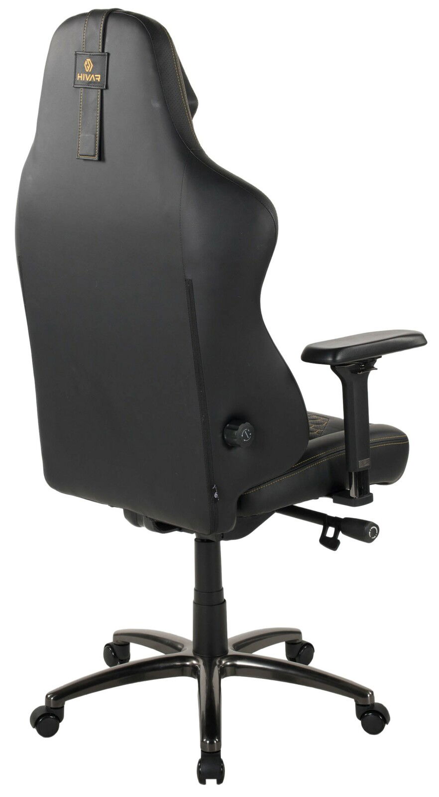 HIVAR Gaming Stuhl ORBICAL XL Rückansicht eines schwarzen Gaming-Stuhls mit verstellbaren Armlehnen und stabiler Basis auf Rollen.