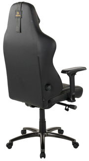 Rückansicht eines schwarzen Gaming-Stuhls mit verstellbaren Armlehnen und stabiler Basis auf Rollen.