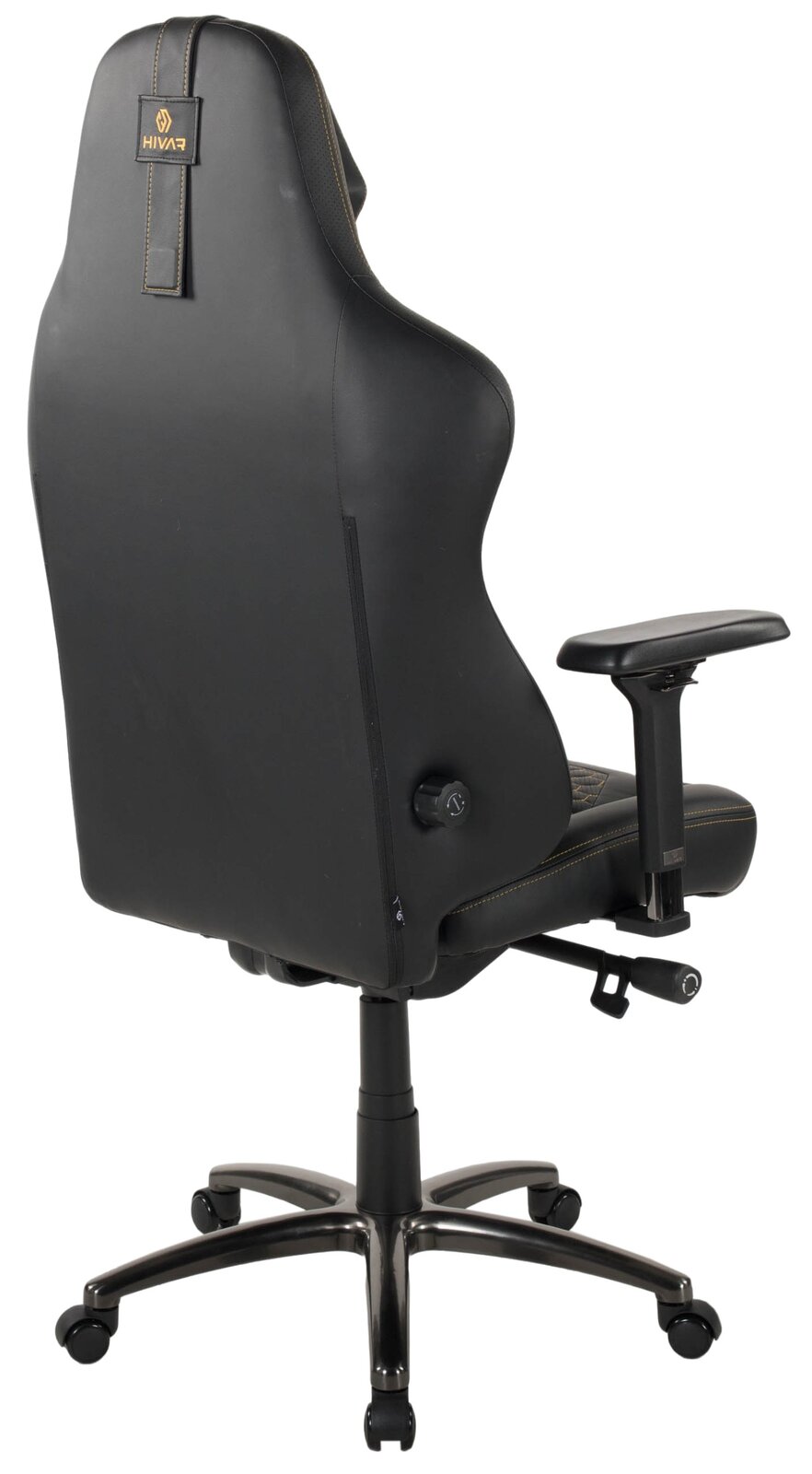 Rückansicht eines schwarzen Gaming-Stuhls mit verstellbaren Armlehnen und stabiler Basis auf Rollen.