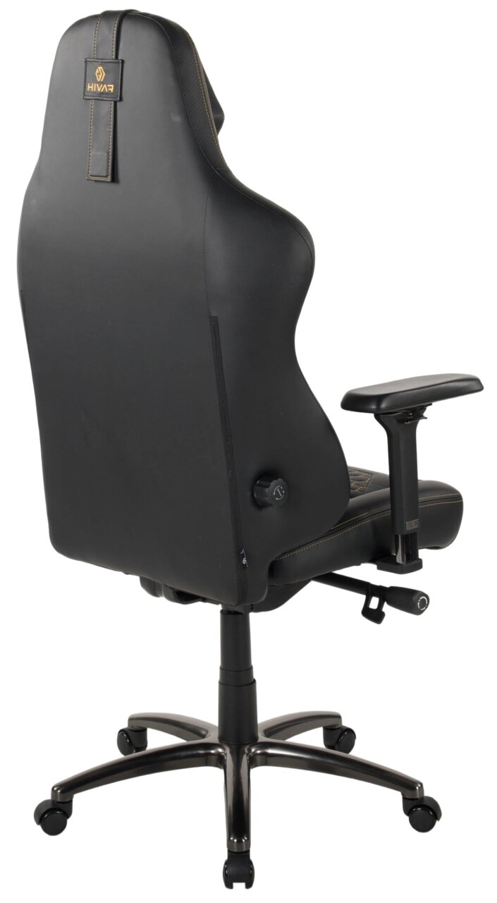 Rückansicht eines schwarzen Gaming-Stuhls mit verstellbaren Armlehnen und stabiler Basis auf Rollen.