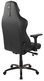 Rückansicht eines schwarzen Gaming-Stuhls mit verstellbaren Armlehnen und stabiler Basis auf Rollen.