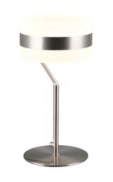 Moderne Tischleuchte mit rundem, weißem Lampenschirm und silbernem Streifen, seitliche Perspektive