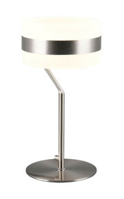 Moderne Tischleuchte mit rundem, weißem Lampenschirm und silbernem Streifen, seitliche Perspektive