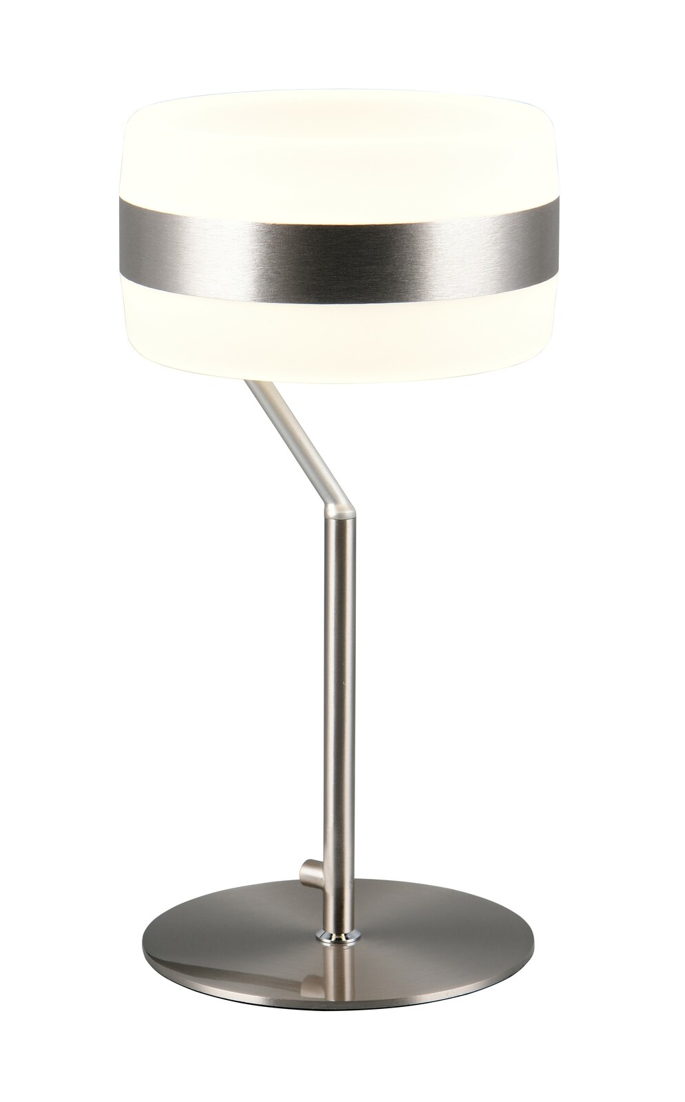 Trio Leuchten Tischleuchte DIOS Moderne Tischleuchte mit rundem, weißem Lampenschirm und silbernem Streifen, seitliche Perspektive