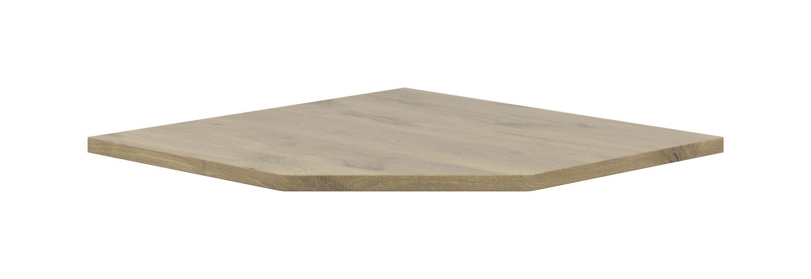 Eckverbindungsplatte aus Holz in schräger Perspektive, zeigt die Maserung und die abgeschrägte Kante.