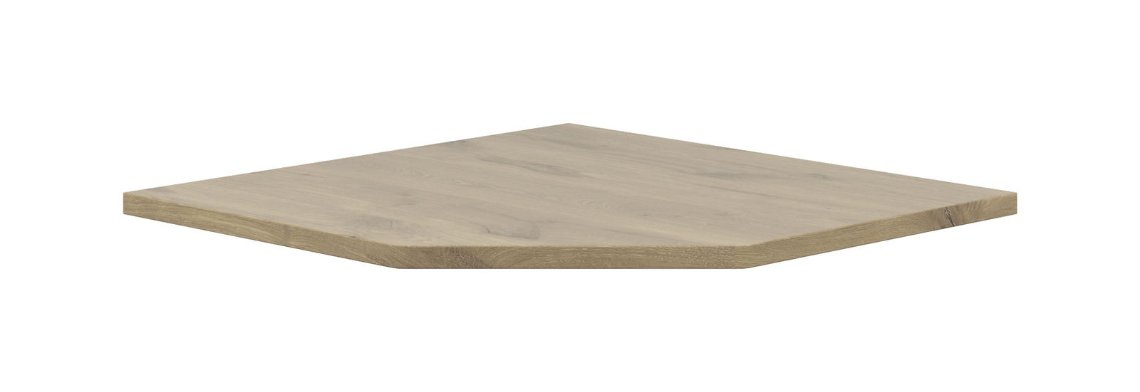 Eckverbindungsplatte aus Holz in schräger Perspektive, zeigt die Maserung und die abgeschrägte Kante.