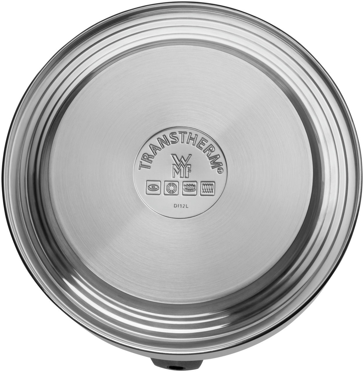 Ansicht von unten eines Flötenkessels mit TransTherm-Boden und WMF-Logo, geeignet für verschiedene Herdarten.