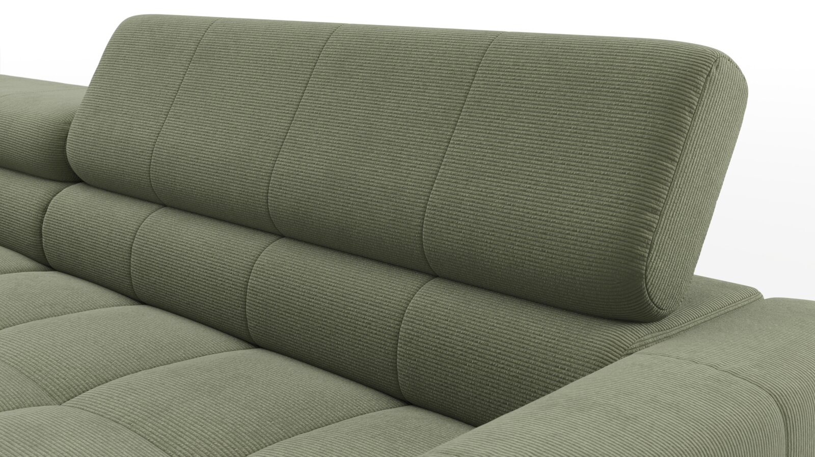 Detailansicht einer modernen, olivgrünen Couch mit strukturierter Stoffpolsterung und gepolsterter Rückenlehne, gezeigt aus schräger Seitenperspektive