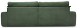 Rückansicht eines großen, grünen Sofas mit geripptem Stoffbezug.