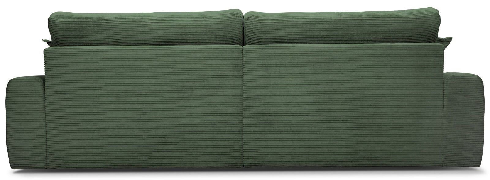 Rückansicht eines großen, grünen Sofas mit geripptem Stoffbezug.