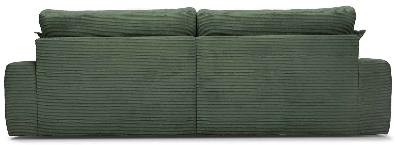 Rückansicht eines großen, grünen Sofas mit geripptem Stoffbezug.