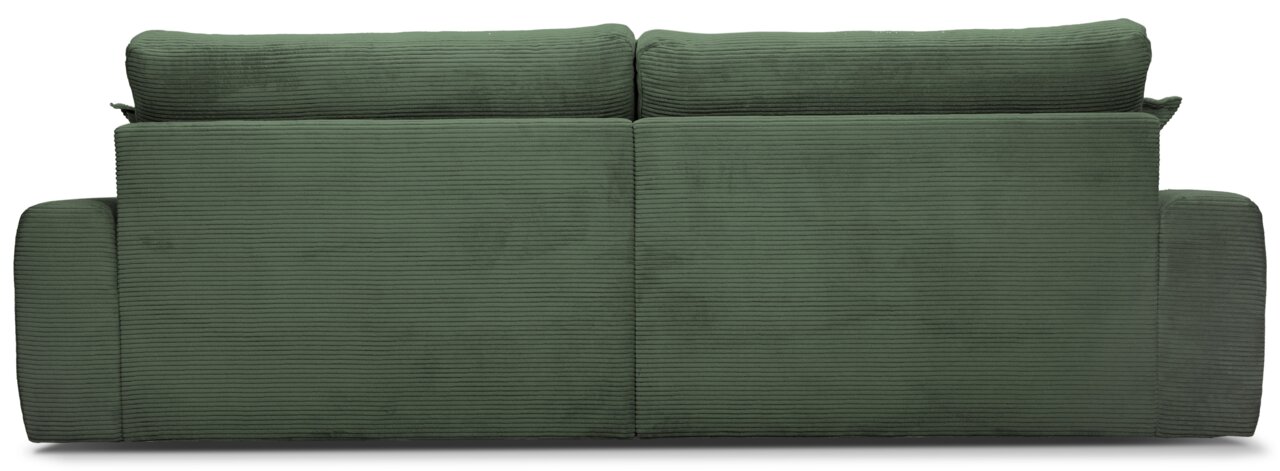 Achterkant van een grote, groene bank met geribbelde stoffen bekleding.