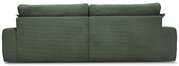 Achterkant van een grote, groene bank met geribbelde stoffen bekleding.