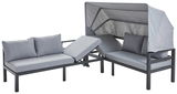 Graues Dining-Lounge-Set mit verstellbaren Rückenlehnen und Sonnendach, seitliche Perspektive